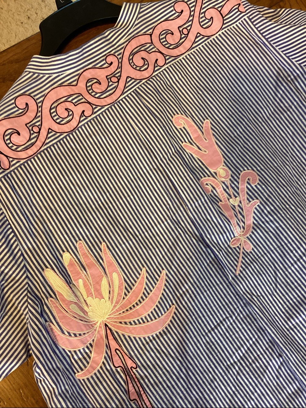 Tory Burch blue and white striped shirt dress with pink embroidered flowers. - Picture 14 of 16